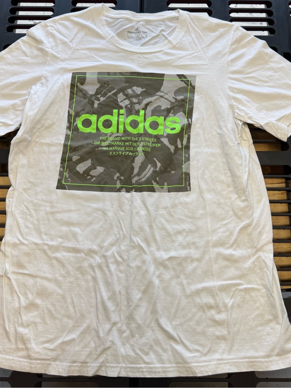 adidas White Short Sleeve Tee with Neon Green Logo